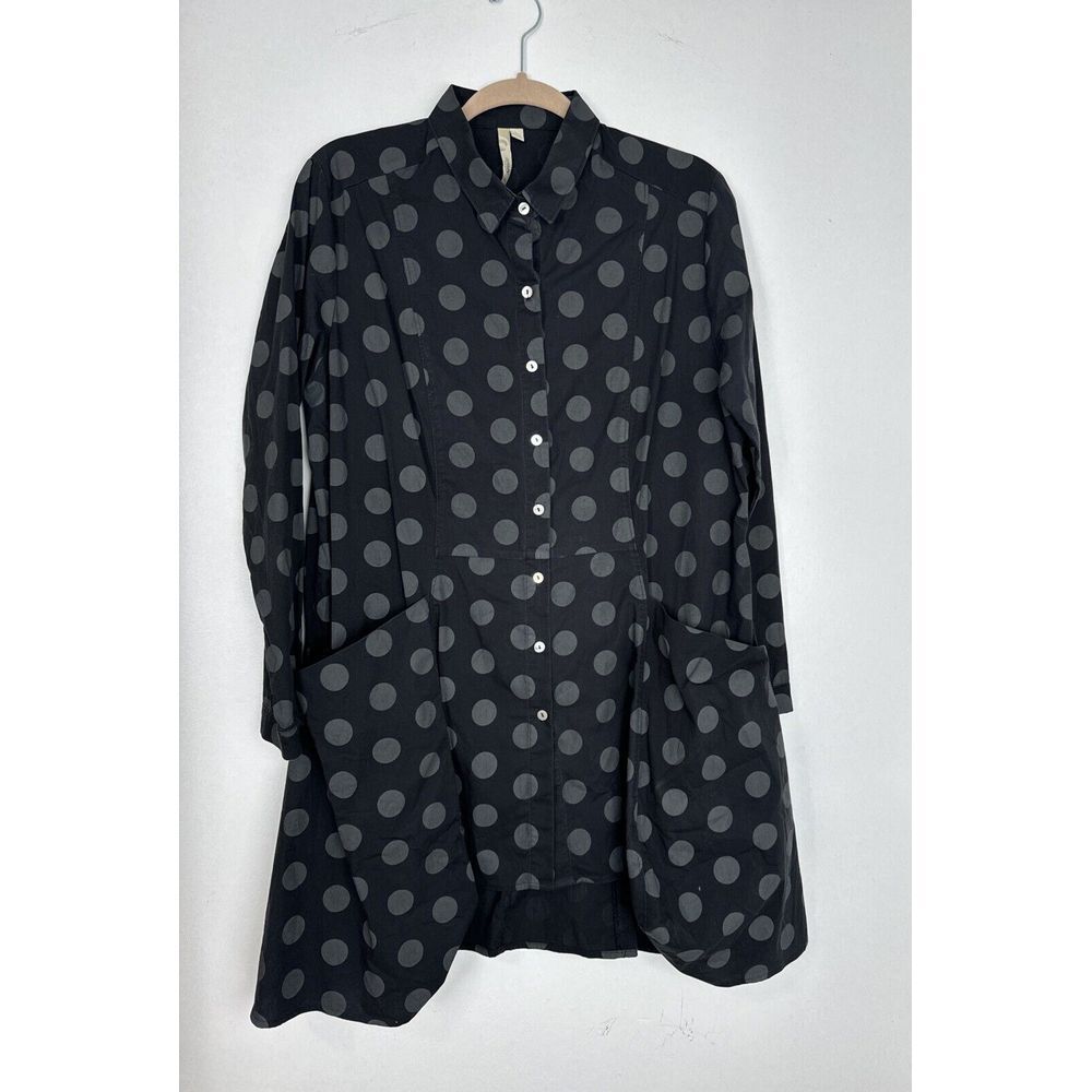 NWOT — Comfy USA Tunic Women's Large Black Gray Polca-Dot Button Up High Low - Picture 2 of 8